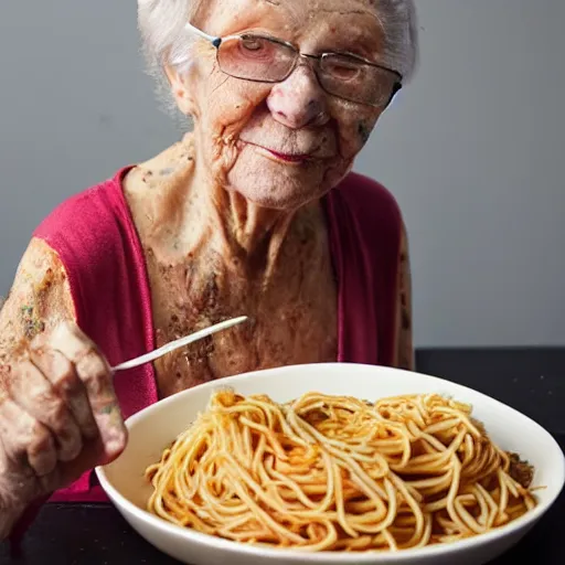 Image similar to grandma posing with her spaghetti, messy gross, she needs to wash