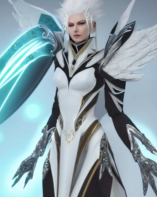 Prompt: tall, attractive white haired pharaoh wearing white dove wings, warframe armor, regal, attractive, ornate, sultry, sexy, beautiful, elize theron, pretty face, green eyes, scifi platform, 4 k, ultra realistic, epic lighting, illuminated, cinematic, black gold, art by akihito tsukushi, voidstar