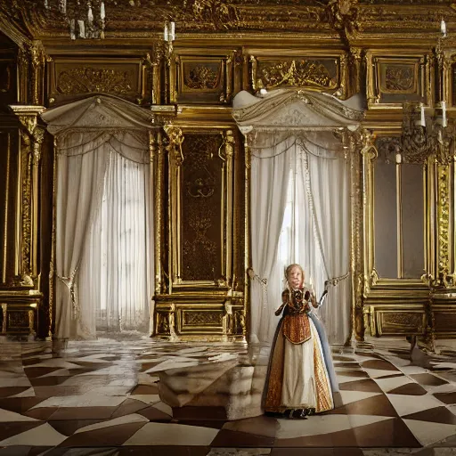 Prompt: francesca findabair in versailles, wow 4 k detail fantasy, matte painting, realistic materials, photo realistic, postprocessing, cinematic, hyperrealistic, studio lighting, ekaterina, the tudors, photography by richard jenkins