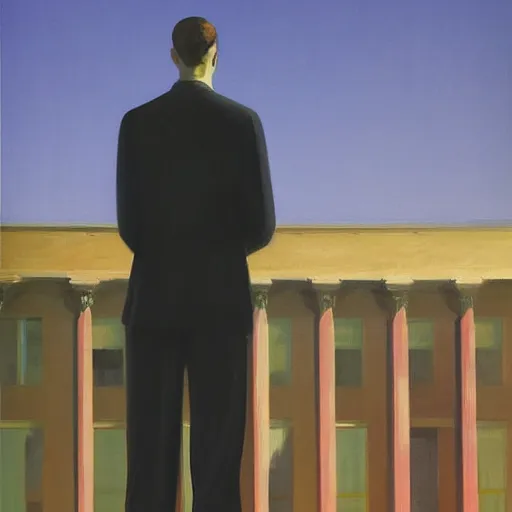 Image similar to portrait of a man standing in front of a tall building, by Edward Hopper and James Gilleard, highly detailed