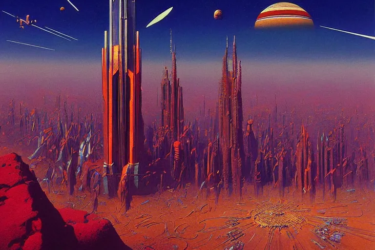 Prompt: cloisonnism painting of megacity 1 from judge dredd megacity 1 from judge dredd in no mans sky no mans sky | masterpiece moebius syd mead bekskinski