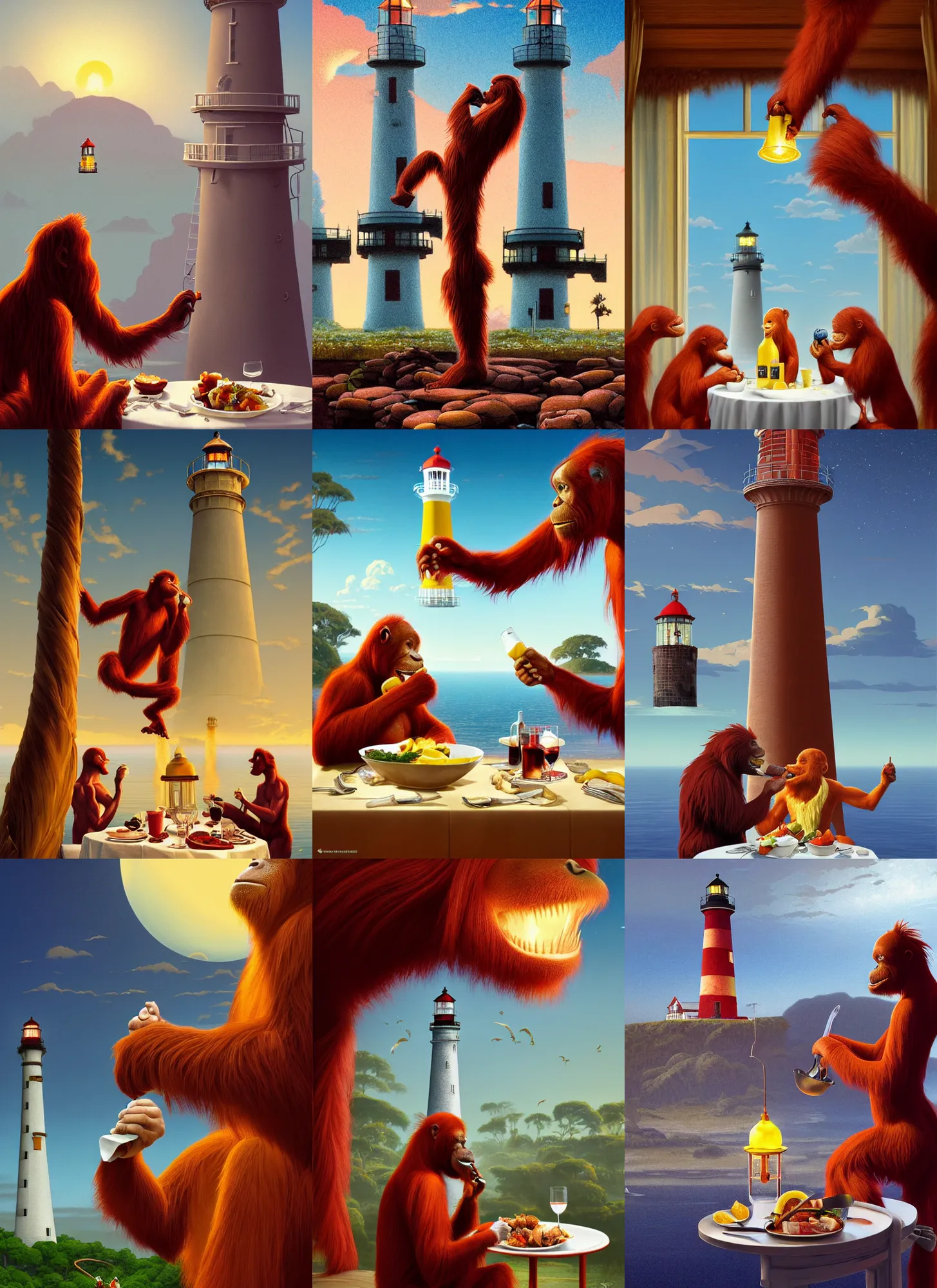 Prompt: rendering lunch of elegant red orangutan eating lighthouse as banana, holding in hand, white tablecloth, glass tableware, travel poster artwork by michael whelan and tomer hanuka, high contrast, full of details, by makoto shinkai and thomas kinkade, matte painting, trending on artstation and unreal engine