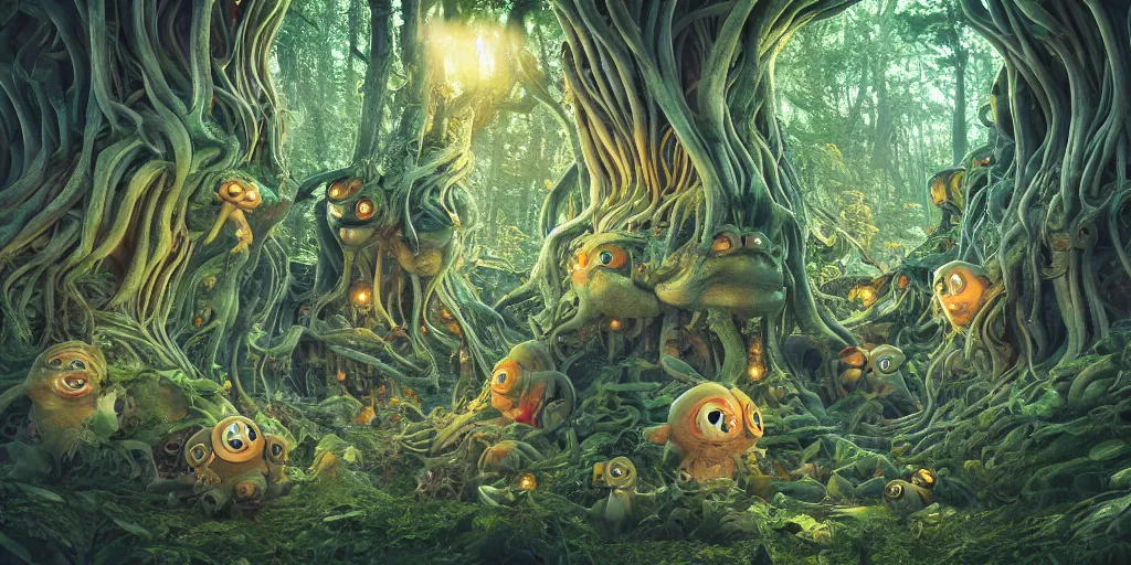 Image similar to of an intricate forest with strange cute friendly happy creatures with huge eyes, mouth, long tongue, round teeth and goofy face, appearing from the background, in the style of gehry and gaudi, macro lens, shallow depth of field, ultra detailed, digital painting, trending artstation, concept art, illustration, cinematic lighting, photorealism, epic, octane render