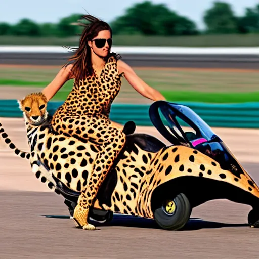Prompt: girl riding a cheetah on a race track