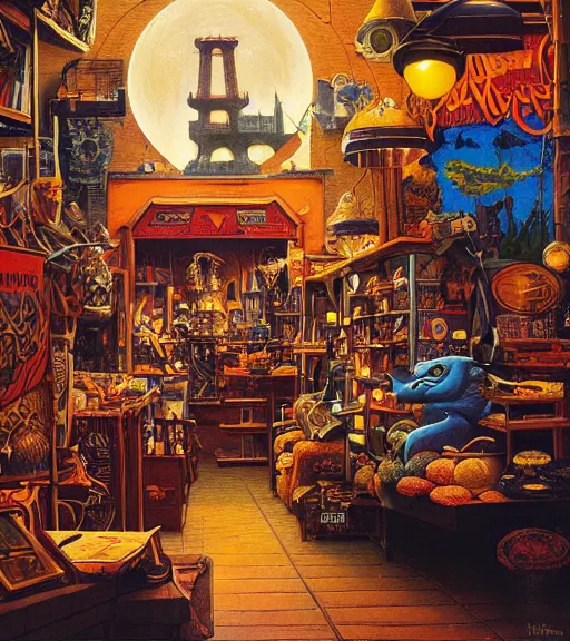 Prompt: cozy seattle store. vantablack cloth technology, vintage shapes, retro technology, happy colors dariusz zawadzki, tim hildebrandt, wayne barlow, bruce pennington, larry elmore, oil on canvas, deep depth field, masterpiece, cinematic composition. dramatic zoom, hyperdetailed, hd, hdr