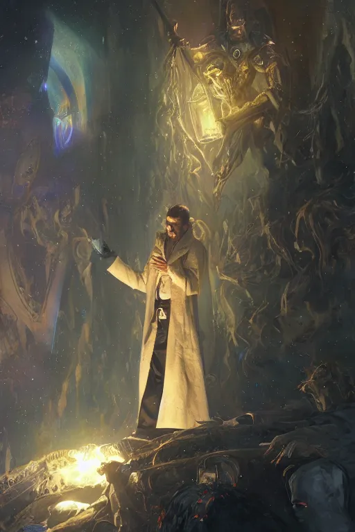 Image similar to ainz ooal gown as doctor who, radiant light, caustics, heroic, bright iridescent light, by gaston bussiere, bayard wu, greg rutkowski, maxim verehin bloom dramatic lighting