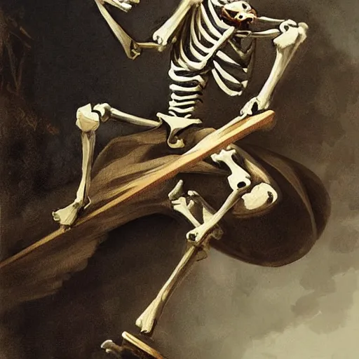 Prompt: close up skeleton skateboarder painting dynamic very very detailed by hubert robert balanced