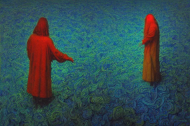 Image similar to barrister of harvest, art by beksinski and pauline baynes, trending on artstation, iridescent cool blue and cyan and red and blue and yellow and green lighting camera view from above surrealism, very very intricate, concept art, fisheye lens, situationist international