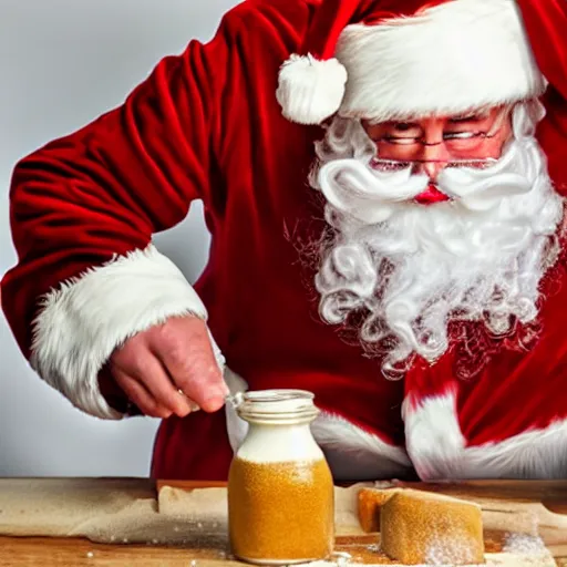 Prompt: santa clause sniffing flour off the table