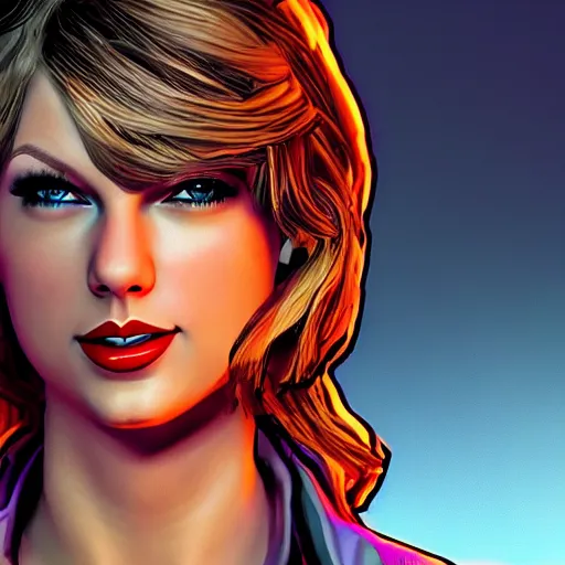 Image similar to taylor swift portrait, borderlands, tales from the borderlands, the wolf among us, comic, cinematic lighting, studio quality, 8 k