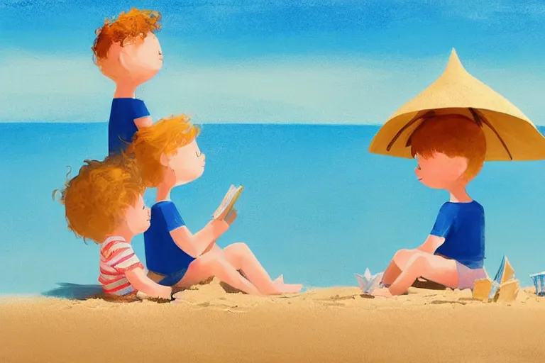 Image similar to Two children sitting on the beach making sandcastles, blue sky, muted colors, artstation, children's book, HD, by Benji Davies