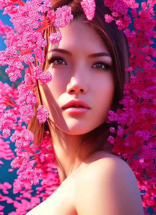 Prompt: photo of a gorgeous female in the style of stefan kostic, realistic, half body shot, sharp focus, 8 k high definition, insanely detailed, intricate, elegant, art by stanley lau and artgerm, extreme bokeh pink foliage