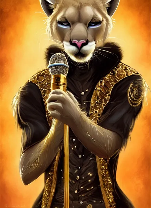 Image similar to award winning beautiful portrait commission of a male furry anthro albino mountain lion with a beautiful hyperdetailed attractive outfit and face wearing a gold and black rockstar outfit singing into a microphone on a stage. Character design by charlie bowater, ross tran, and makoto shinkai, detailed, inked, western comic book art