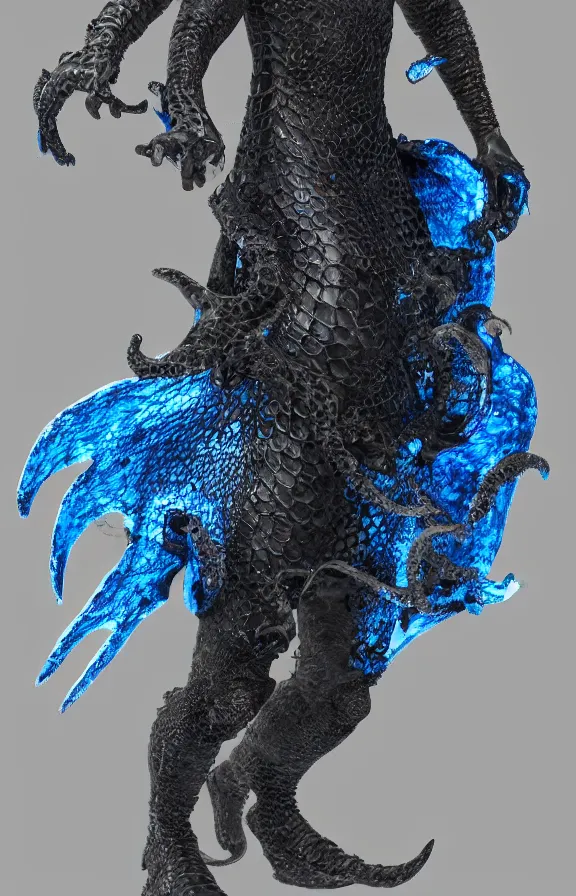 Image similar to detailed hypperrealistic artstation render, full body front view of a scaly black cloaked man, wearing a metallic blue squid mask. he holds in his clawed hands horizontally a large knights steel greatsword, in addition tentacles emerge from his back like wings