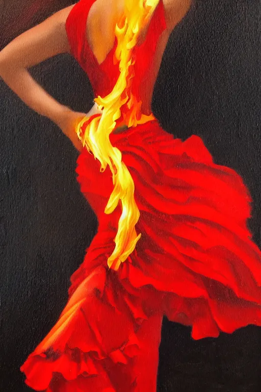Image similar to detailed oil painting of spanish flamenco dancer wearing a red dress engulfed in flames, walking waist deep in clear water, midnight, moon, dimly lit, looking away, dark shadows, ethereal, foggy, moody, photo realistic, high definition, 4 k, slr