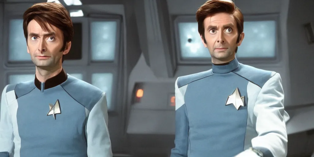 Image similar to David Tennant as Doctor Who, in Starfleet uniform, in the role of Captain Kirk in a scene from Star Trek the original series