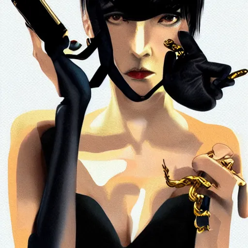 Image similar to Goro Majima as slim girl, gold suit jacket in snake print, black leather gloves, short black hair, black eye patch, elegant, 2d, ultra highly detailed, digital painting, smooth, sharp focus, artstation, art by Ilya Kuvshinov