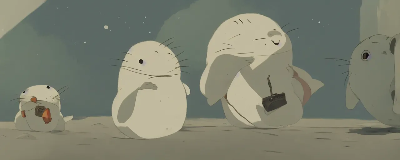 Image similar to baby harp seal pilot, 1 9 3 0 s, atey ghailan, goro fujita, studio ghibli, rim light, sad, bright daytime lighting, clear focus, very coherent