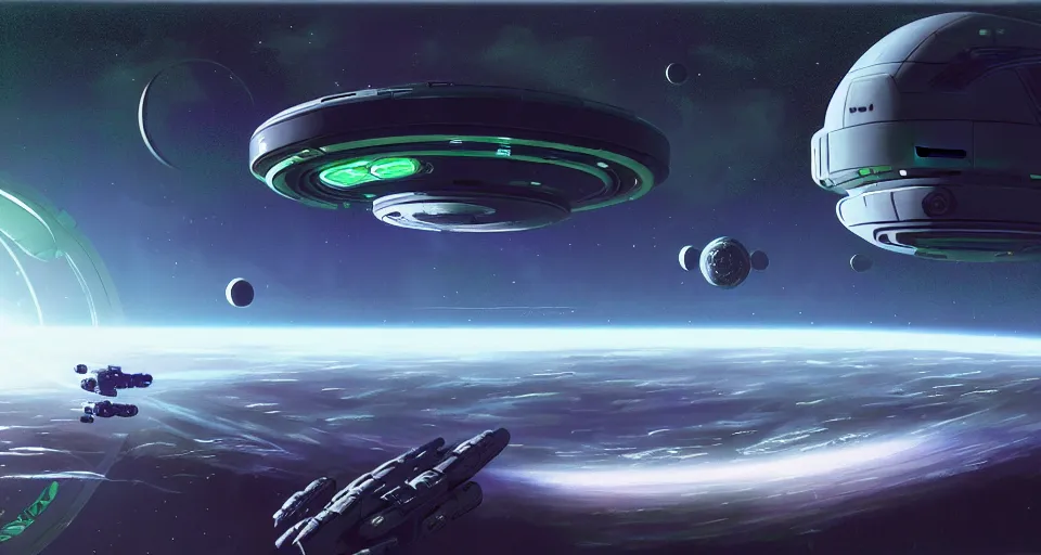 Prompt: ( one! futuristic round space station!!! ) in orbit above a ( green planet!!! ) | ( starships! ) | realistic!! sci - fi matte concept art painting, painted by andrew wallin, mass effect, james gurney, and halo!, smooth, intricate!, detailed!!, sharp focus, cinematic