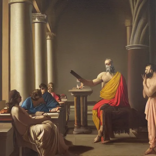 Prompt: classical oil painting of plato at work in a modern office