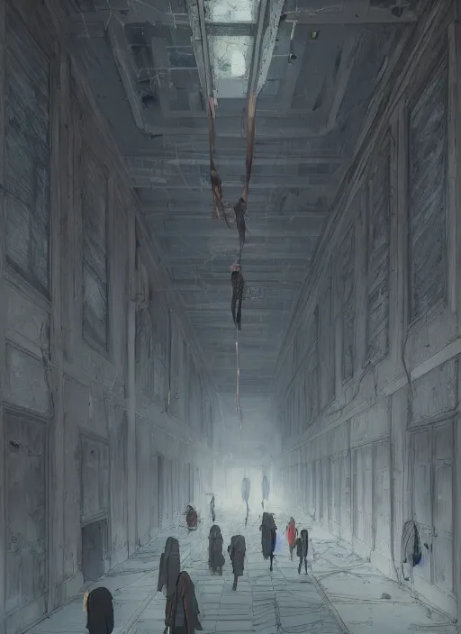 Image similar to interior of a haunted school corridor ghots flying around, art style by kim jung gi karl marx greg rutkowski ghibli klimt and nixeu and ian sprigger and wlop and krenz cushart, au naturel, hyper detailed, digital art, trending in artstation, behance, deviantart, houdini