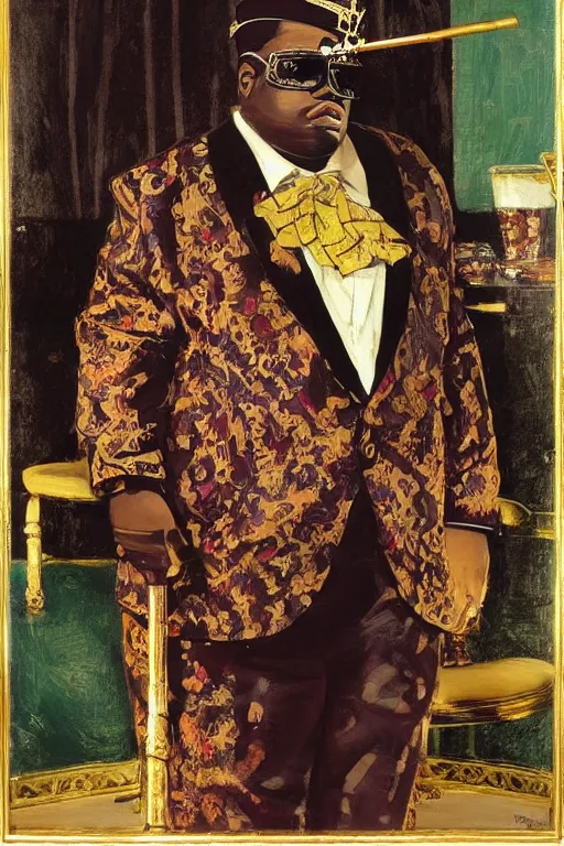 Image similar to ultra unrealistic portrait of rapper biggie smalls standing with cane and with kings crown and royal outfit, european, modern art, eclectic art, gold and colorful, illustration, by ramon casas