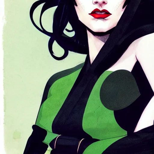 Image similar to Joshua Middleton comic art, wide shot, stunning elegant female Eva Green, spy, kabuki mask, beautiful evil sneer, symmetrical face, symmetrical eyes, leather clothing and boots, long straight green black hair, full body, Indigo occult pattern