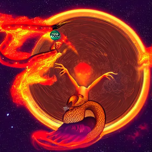 Image similar to the demiurge, a giant snake with the head of a lion, floating in space looking down on the earth beneath it, in flames. detailed digital art