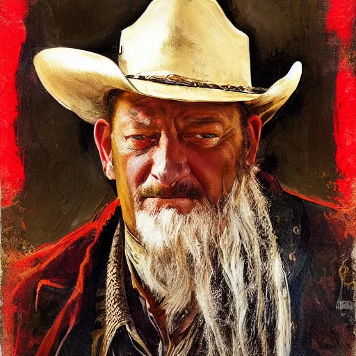 Image similar to Solomon Joseph Solomon and Richard Schmid and Jeremy Lipking victorian genre painting portrait painting of John Wayne a old rugged cowboys gunfighter old west character in fantasy costume, red background