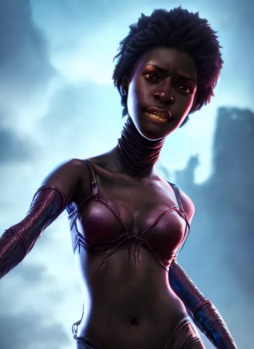 Image similar to An epic fantasy comic book style portrait painting of a short dark skinned girl thief with spidery hair and kind eyes, unreal 5, DAZ, hyperrealistic, octane render, cosplay, RPG portrait, dynamic lighting