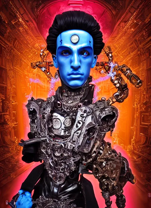 Image similar to baroque and cyberpunk style full-body sculpture of a young evil Hispanic prince half android with a chest exposing a glowing ruby battery, glowing pink seductive laser eyes, crown of blue gears and diamonds, swirling salmon-colored silk fabric, robotic raptors dinosaurs. baroque elements. full-length view. intricate artwork by caravaggio. art by Artgerm and Greg Rutkowski and Alphonse Mucha, Trending on artstation, cinematic industrial lighting, photorealistic, octane render, 8k, depth of field, 3D