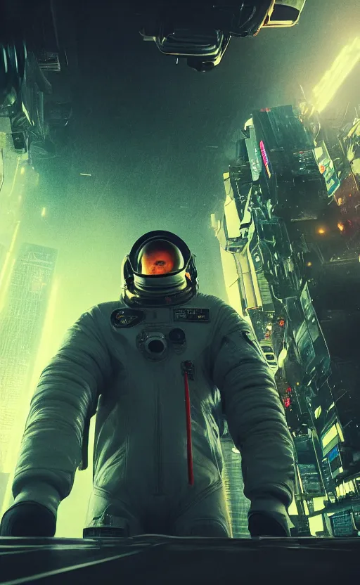 Image similar to professional photo of astronaut looking in the camera from low angle shot, cyberpunk background, blade runner, hyperrealistic masterpiece, trending on artstation, cgsociety, kodakchrome, golden ratio, cinematic, composition, beautiful lighting, hyper detailed, sharp focus, octane render, 4 k, unreal engine