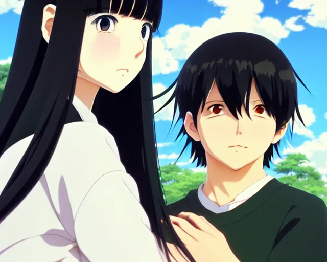 Image similar to beautiful anime girl with long black hair and bangs, beautiful anime guy with white hair, wearing black clothes, couple, fine details portrait, japense village in background, bokeh. anime masterpiece by Studio Ghibli. illustration, sharp high-quality anime illustration in style of Ghibli, Ilya Kuvshinov, Artgerm