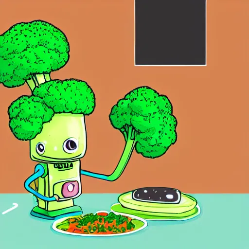 Prompt: an illustration of an cute roboter that eats broccoli