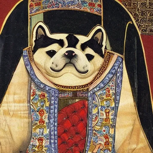 Image similar to fat shiba inu dog prince in ornate robes with a cheeky expression, medieval painting