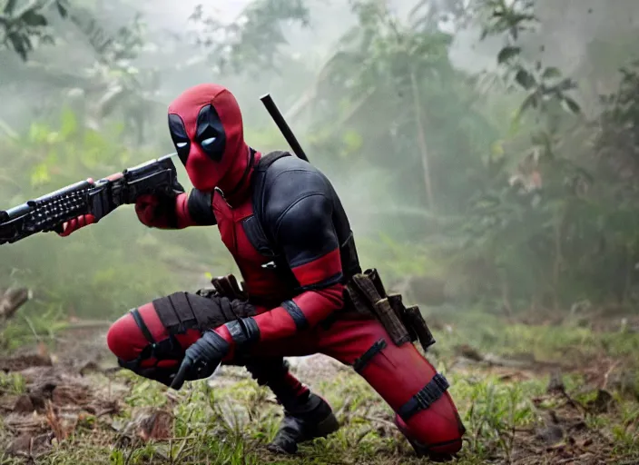 Image similar to film still of deadpool fighting in the jungles during the vietnam war in the new deadpool movie, 4 k