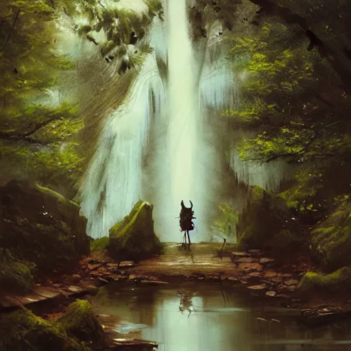 Image similar to Samurai resting in front of a waterfall inside a forest, oil painting, by Greg Rutkowski