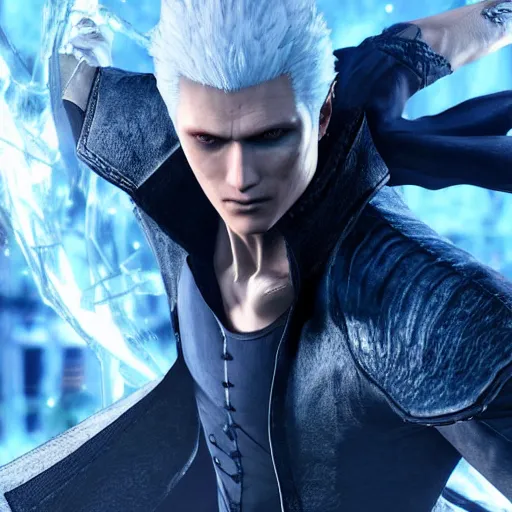 Image similar to Vergil, from dmc5, son of Sparda, beautiful, 4k, detailed face, aesthetic, realistic face, cool