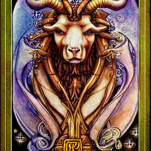 Image similar to aries zodiac artwork, mystic tarot style, detailed, 8 k, symmetrical, by brian froud