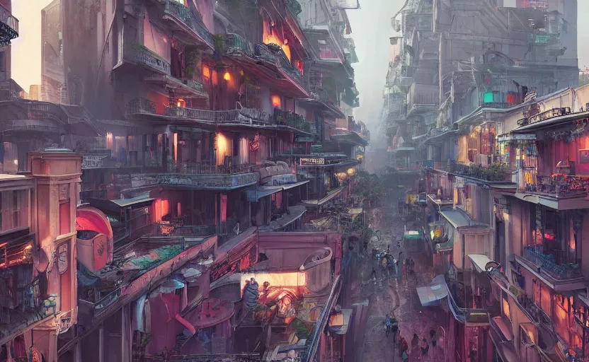 Prompt: a beautiful hyperrealistic digital matte painting of futuristic cyberpunk french quarter, new orleans, by eddie mendoza and david lozeau and raphael lacoste and laurie greasley, 8 k, detailed, artstation, plants on balconies, musicians