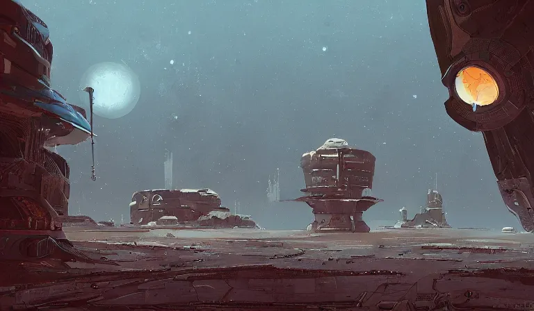 Prompt: A alien landscape with a singular building and docked space craft in the style of Ian McQue.