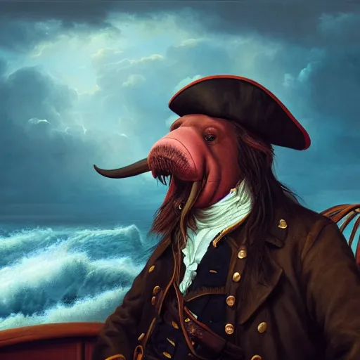 Prompt: portrait an walrus who is a pirate captain on a ship, dark storming sea and thunderstorm in the background, oil painting by alexander roslin, 4k, concept art highly detailed, trending on artstation, fantasy matte painting