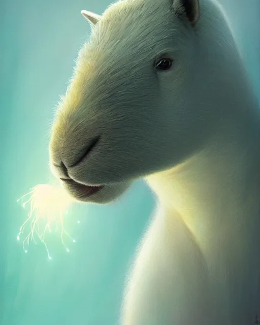 Image similar to complete and delicate portrait of a white capybara, beautiful, agile, fairy, myth, legend, detailed, trending on artstatioin, light effects, kilian eng, john harris, bastien lecouffe - deharme