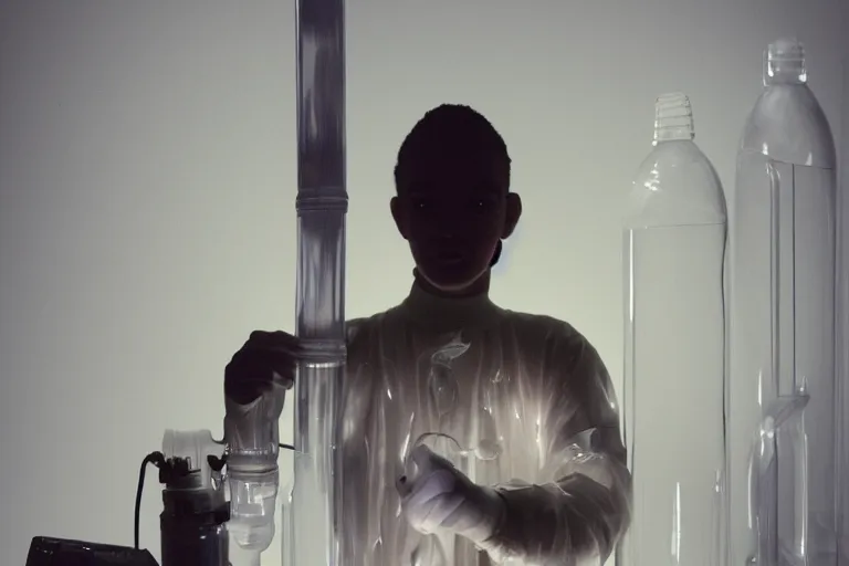 Prompt: clear plastic pipes transporting liquid through a y 2 k crt dreamscape, porcelain figure standing and looking at the pipes, low - light photograph, in style of tyler mitchell