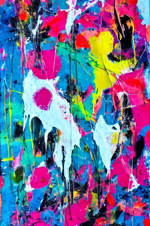 Image similar to abstract expressionist painting, paint drips, acrylic, wildstyle, clear shapes, maximalism, smeared flowers, large triangular shapes