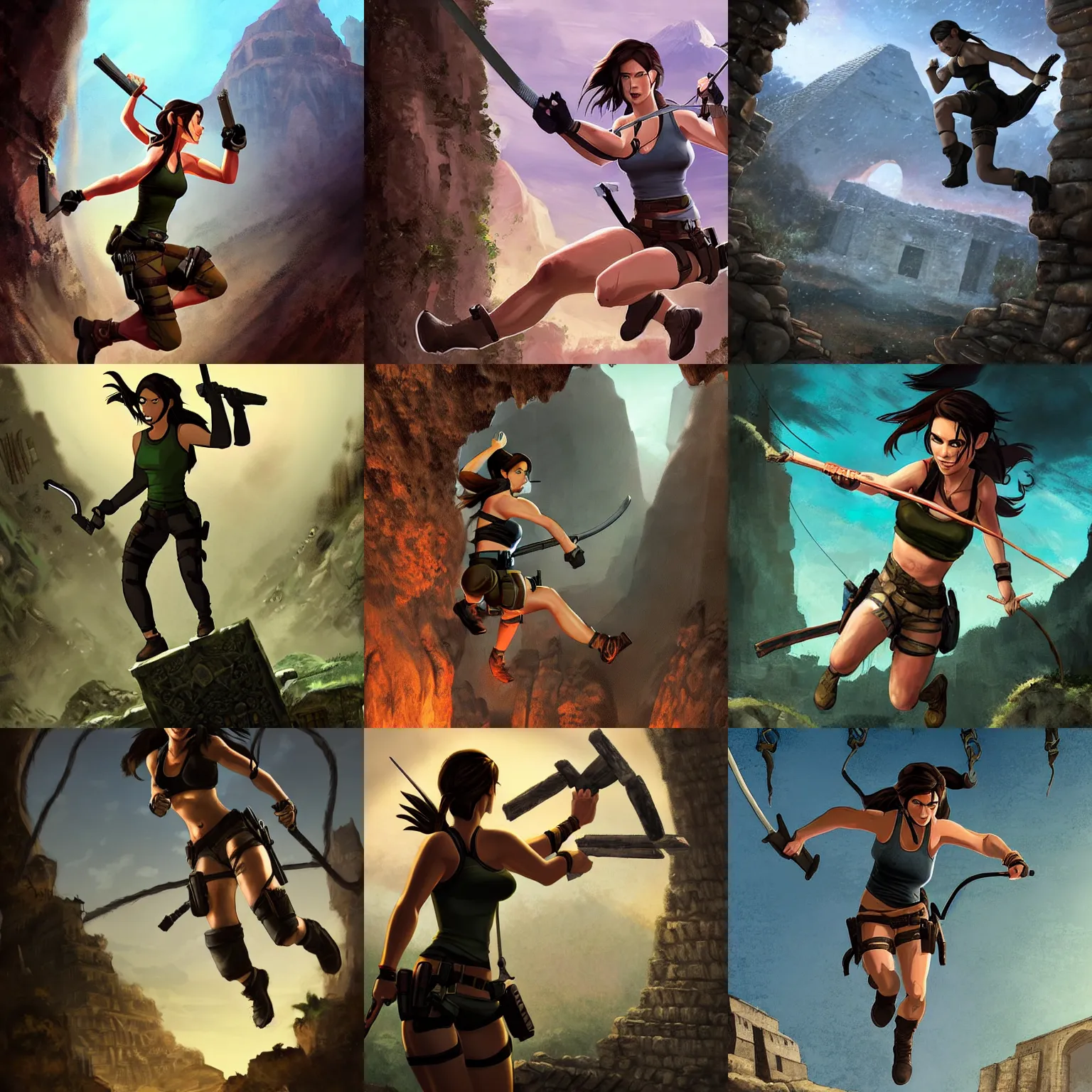 Prompt: lara croft jumping over a trap that just went off in a dimly lit underground dungeon, ancient tombs in the background, in the style of ross tran