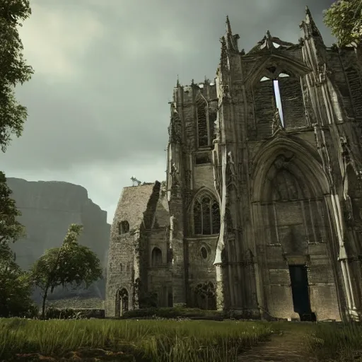 Image similar to imposing abbey, realistic, highly detailed, hd, unreal engine, by guillermo del toro + hideo kojima