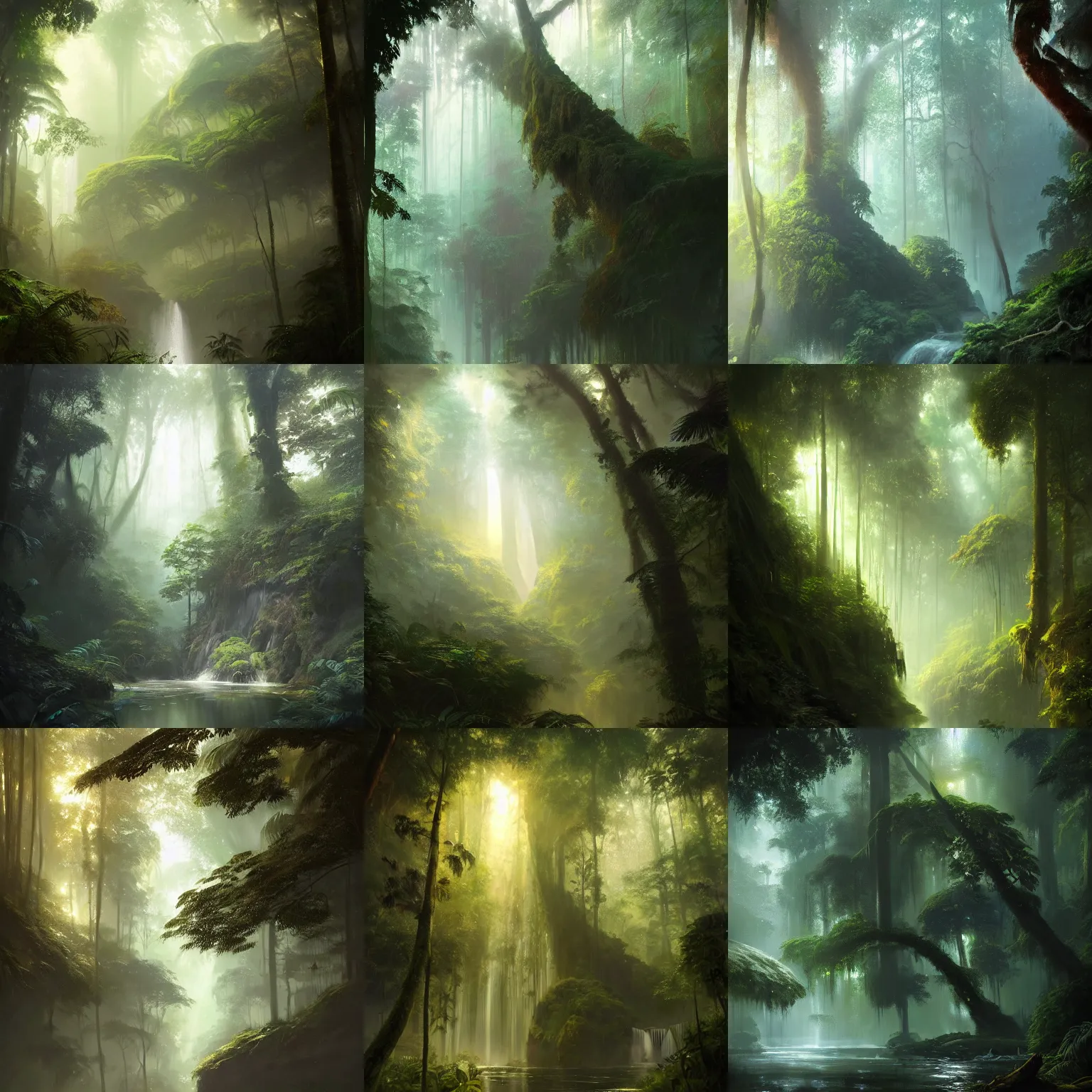 Prompt: beautiful aesthetic inspirational digital oil painting of rainforest, by greg rutkowski, ultra detailed, fine details, trending on artstation, volumetric light.