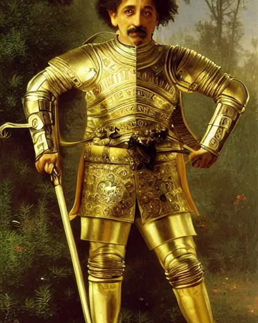 Image similar to brilliant knight : albert einstein is dressed in ornate, detailed, intricate golden armor and surrounded by detailed, complex mathematical equations, detailed oil painting by william adolphe bouguereau