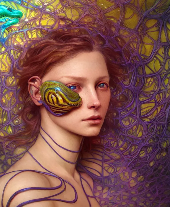 Image similar to intricate colorful transparent portrait of a disturbing beautiful alien snake creature, mottled coloring, adorable, childlike, underwater environment, ultra realistic, concept art, art nouveau, photorealistic, octane render, 8 k, unreal engine. art by christopher marley and artgerm and greg rutkowski and alphonse mucha